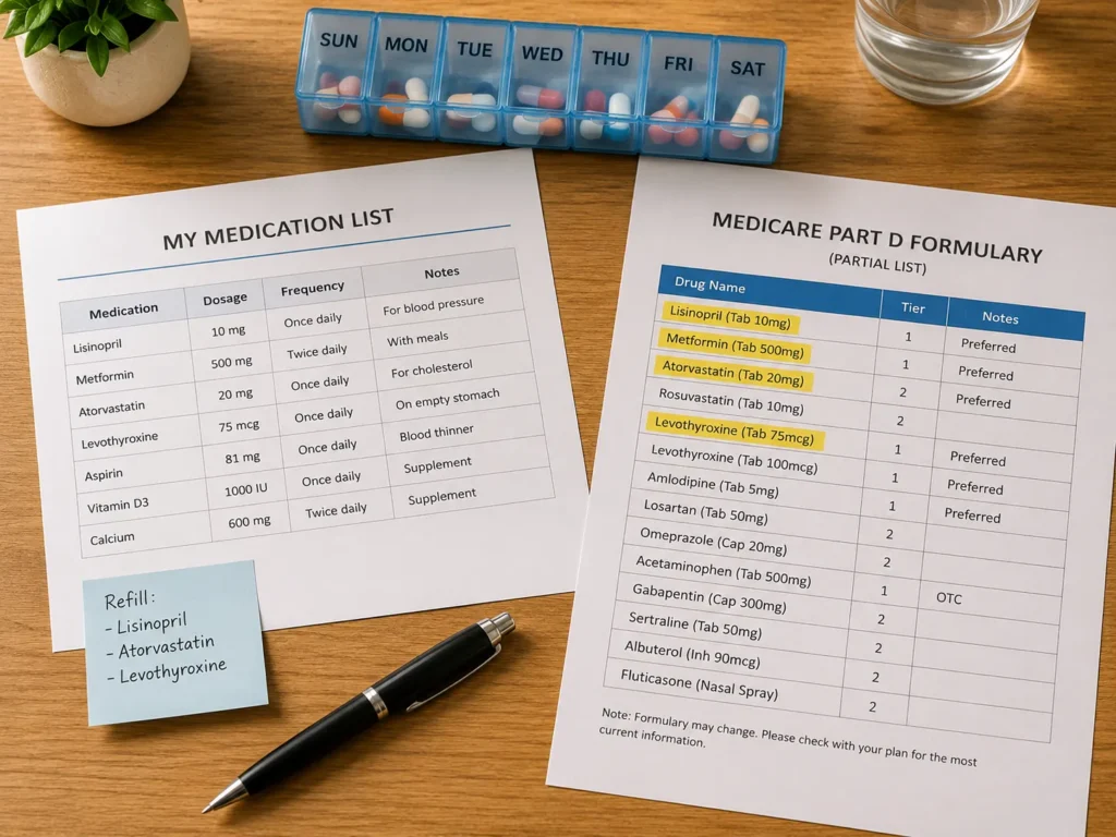 Medicare formulary checklist next to a printed medication list and pill organizer on a desk