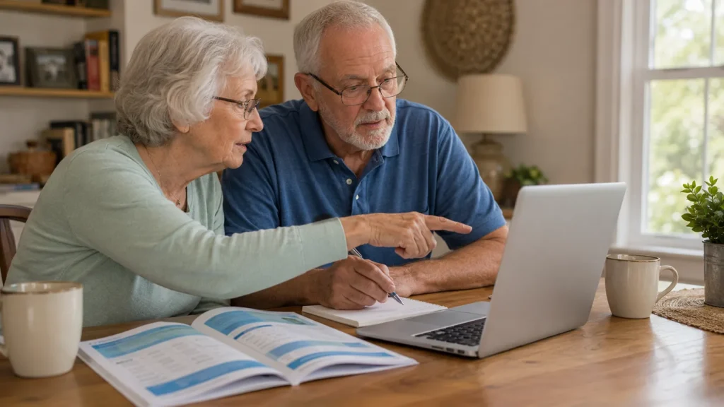 Retired couple reviewing Medicare plan options at home with a laptop and printed comparison guide