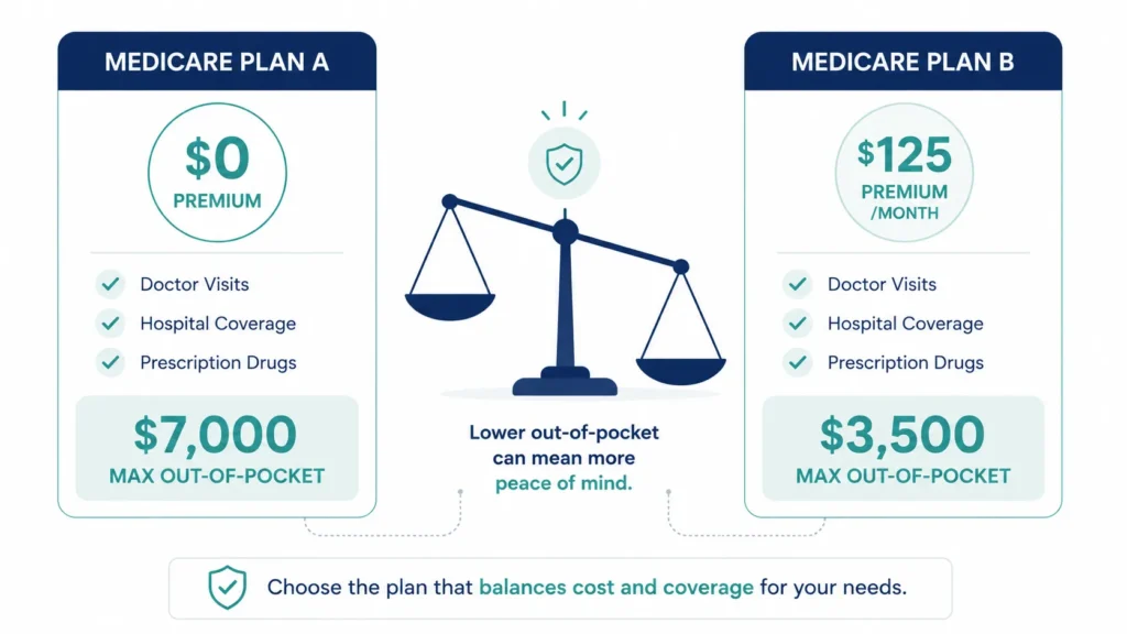 Illustration comparing Medicare plan premiums versus out-of-pocket maximum costs